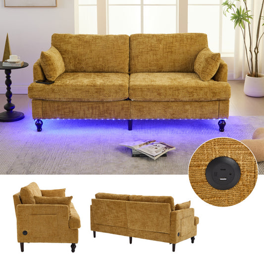 Modern style chenille 2-seater wood-legged sofa with LED light, USB charging port and storage bag Living room Bedroom Study room