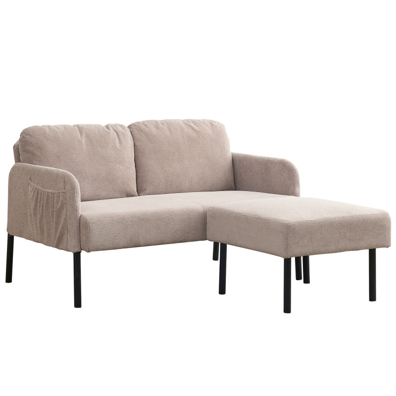 Beige L-Shaped 2 Seater Sofa with Ottoman, Modern Polyester Fabric Loveseat Sofa, Comfy Small Couches for Small Space Living Room, Bedroom, Office, Apartment