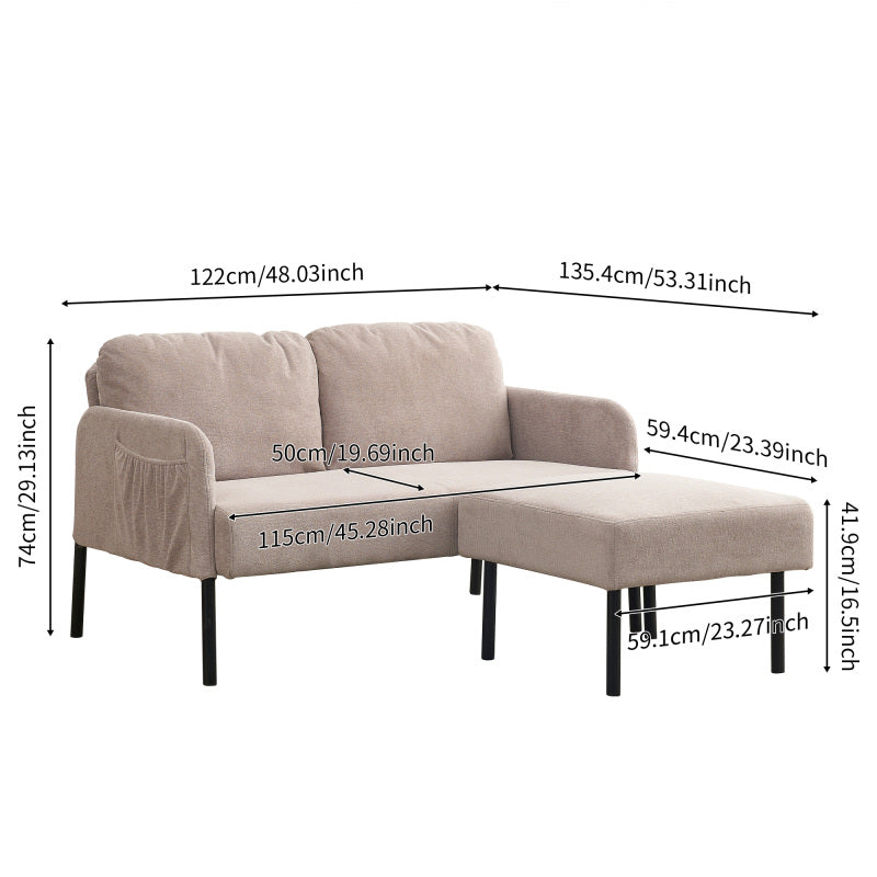 Beige L-Shaped 2 Seater Sofa with Ottoman, Modern Polyester Fabric Loveseat Sofa, Comfy Small Couches for Small Space Living Room, Bedroom, Office, Apartment
