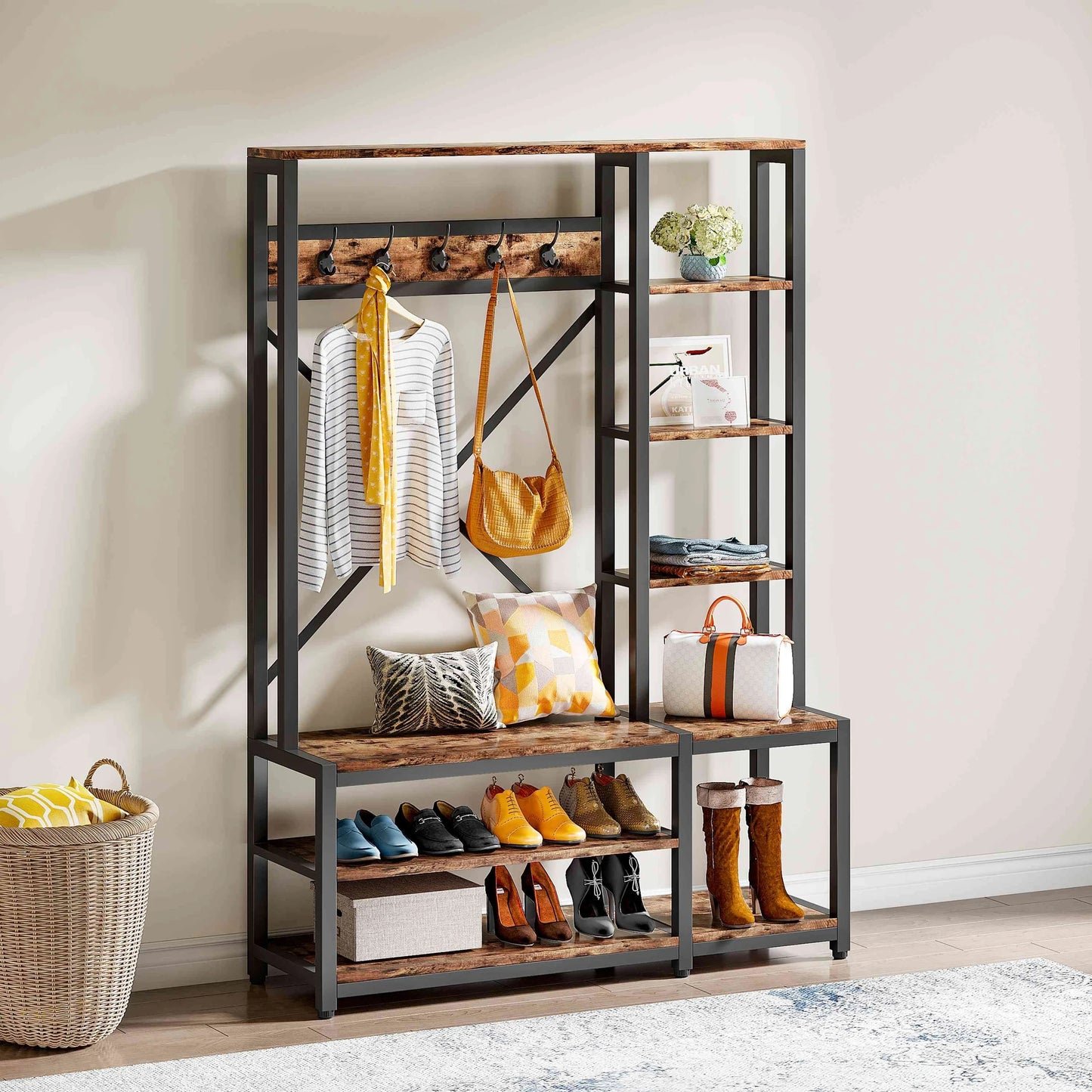 Coat Rack Shoe Bench, 4-in-1 Entryway Hall Tree with Shelves