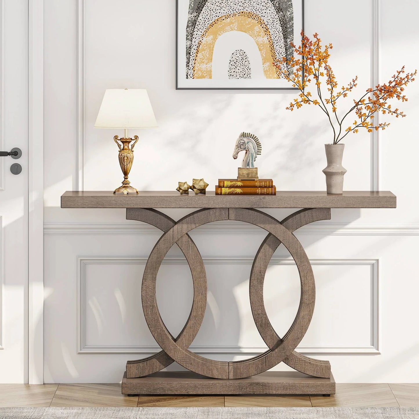 Console Table, 55" Farmhouse Hallway Sofa Table With Geometric Base