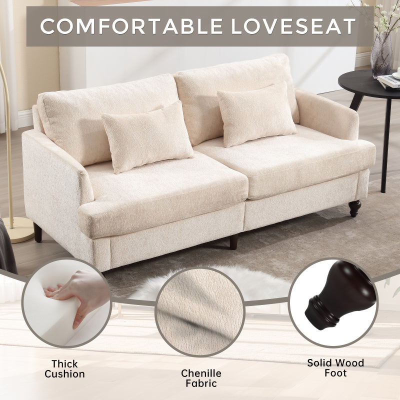 Mid Century Modern chenille Fabric Loveseat sofa, 2-Seat Upholstered Loveseat Sofa Modern Couch for Living Room,Brown wood feet sofa for Bedroom, Reading (Beige Chenille)