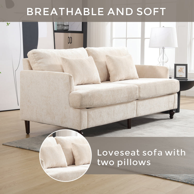 Mid Century Modern chenille Fabric Loveseat sofa, 2-Seat Upholstered Loveseat Sofa Modern Couch for Living Room,Brown wood feet sofa for Bedroom, Reading (Beige Chenille)