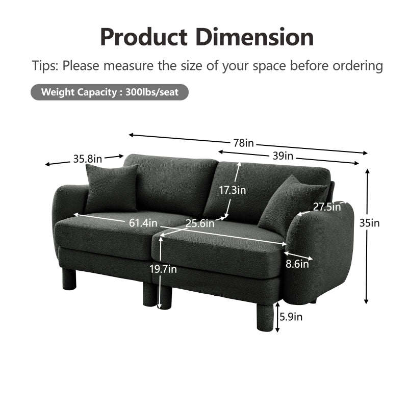 Boucle Fabric 2-seater Loveseat Sofa Couch With Distinctive Shell-shaped Armrests,Cylindrical Legs Wrapped with Self-fabric,Dark Grey Color