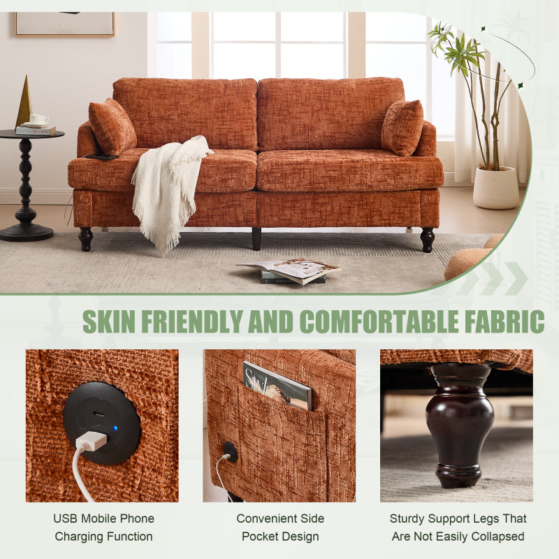 Modern style chenille 2-seater wood-legged sofa with LED light, USB charging port and storage bag Living room Bedroom Study room