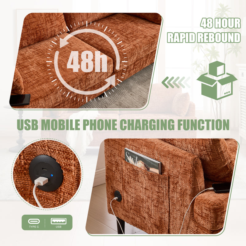 Modern style chenille 2-seater wood-legged sofa with LED light, USB charging port and storage bag Living room Bedroom Study room