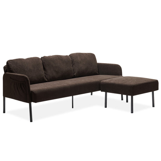 3 Seater L-Shaped Brown Polyester Fabric Sofa with Ottoman, Modern Upholstered Sofa, Comfy Small Couches for Small Space Living Room, Bedroom, Office, Apartment