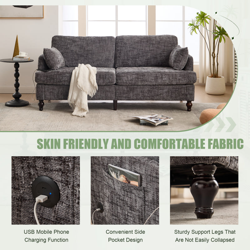 Modern style chenille 2-seater wood-legged sofa with LED light, USB charging port and storage bag Living room Bedroom Study room