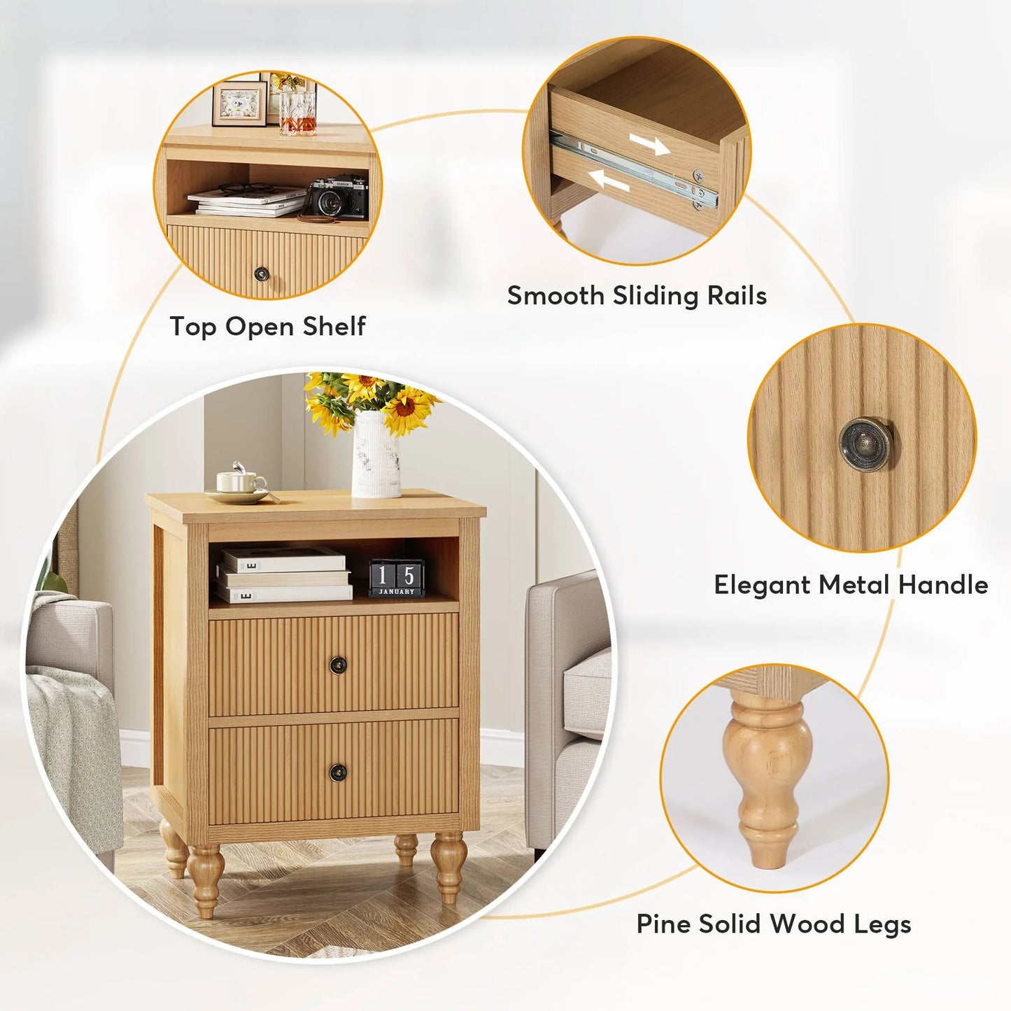 Tribesigns Nightstand, 2 Drawers Sofa Side Table with Open Storage Space