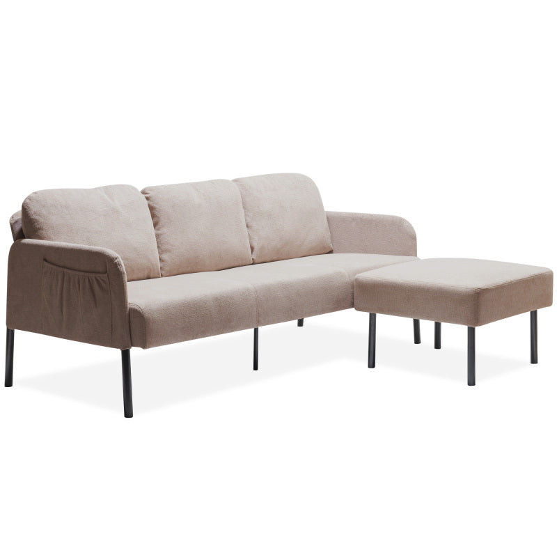 3 Seater L-Shaped Beige Polyester Fabric Sofa with Ottoman, Modern Upholstered Sofa, Comfy Small Couches for Small Space Living Room, Bedroom, Office, Apartment