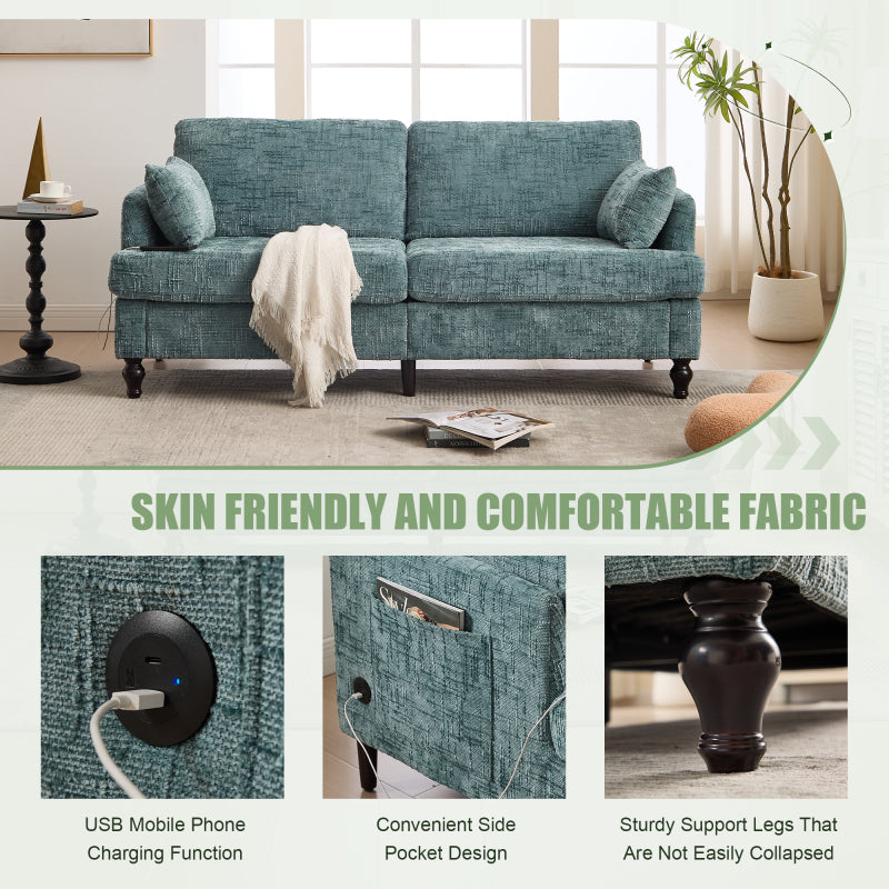 Modern style chenille 2-seater wood-legged sofa with LED light, USB charging port and storage bag Living room Bedroom Study room