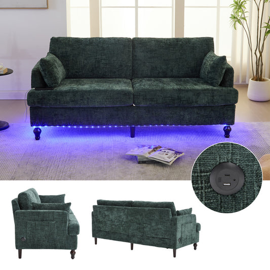 Modern style chenille 2-seater wood-legged sofa with LED light, USB charging port and storage bag Living room Bedroom Study room