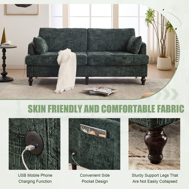 Modern style chenille 2-seater wood-legged sofa with LED light, USB charging port and storage bag Living room Bedroom Study room