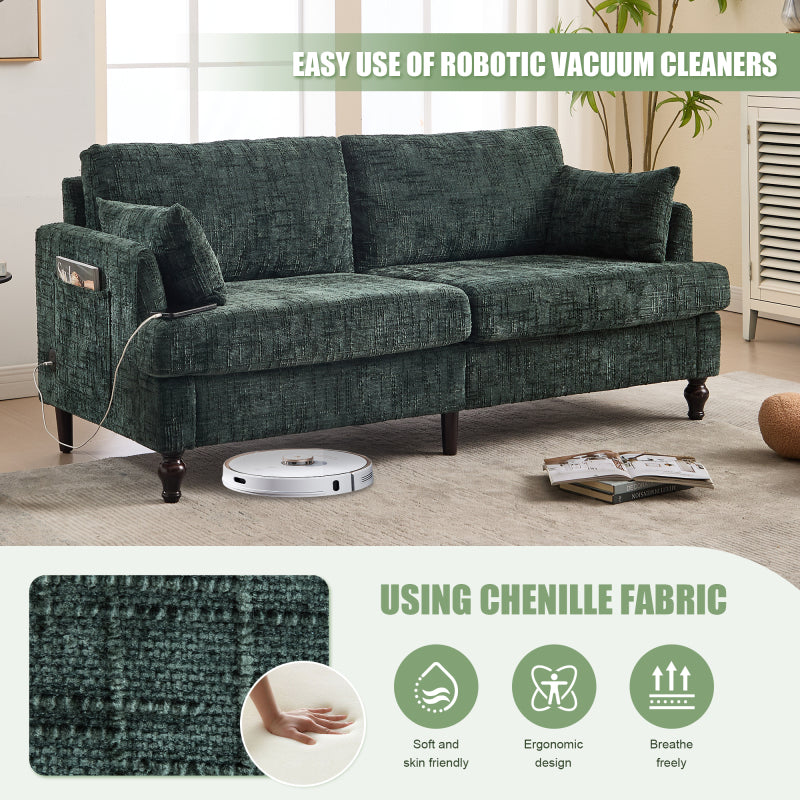 Modern style chenille 2-seater wood-legged sofa with LED light, USB charging port and storage bag Living room Bedroom Study room