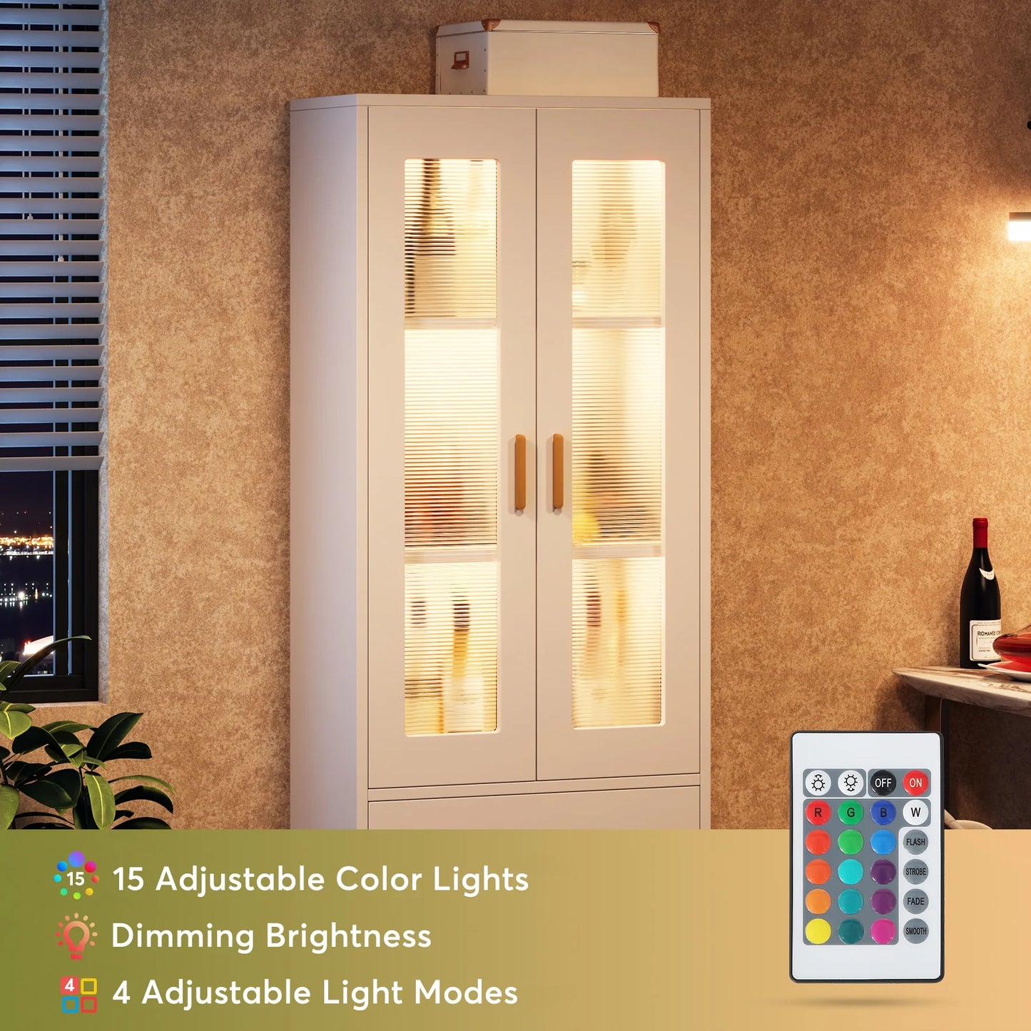 Tribesigns Bookcase, White Bookshelf with LED Light, Frosted Doors & 2 Drawers