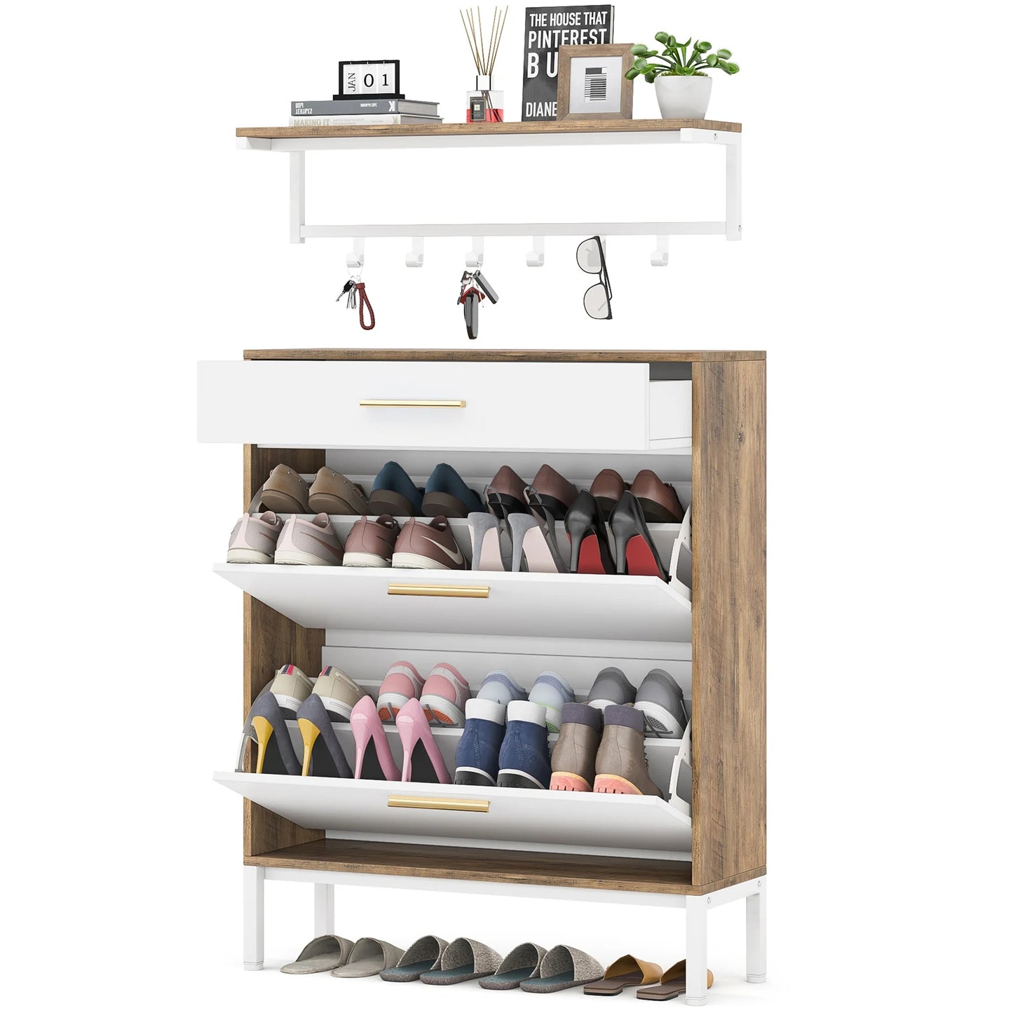Tribesigns Shoe Cabinet with Floating Shelf, Modern 3 Drawers Shoe Organizer