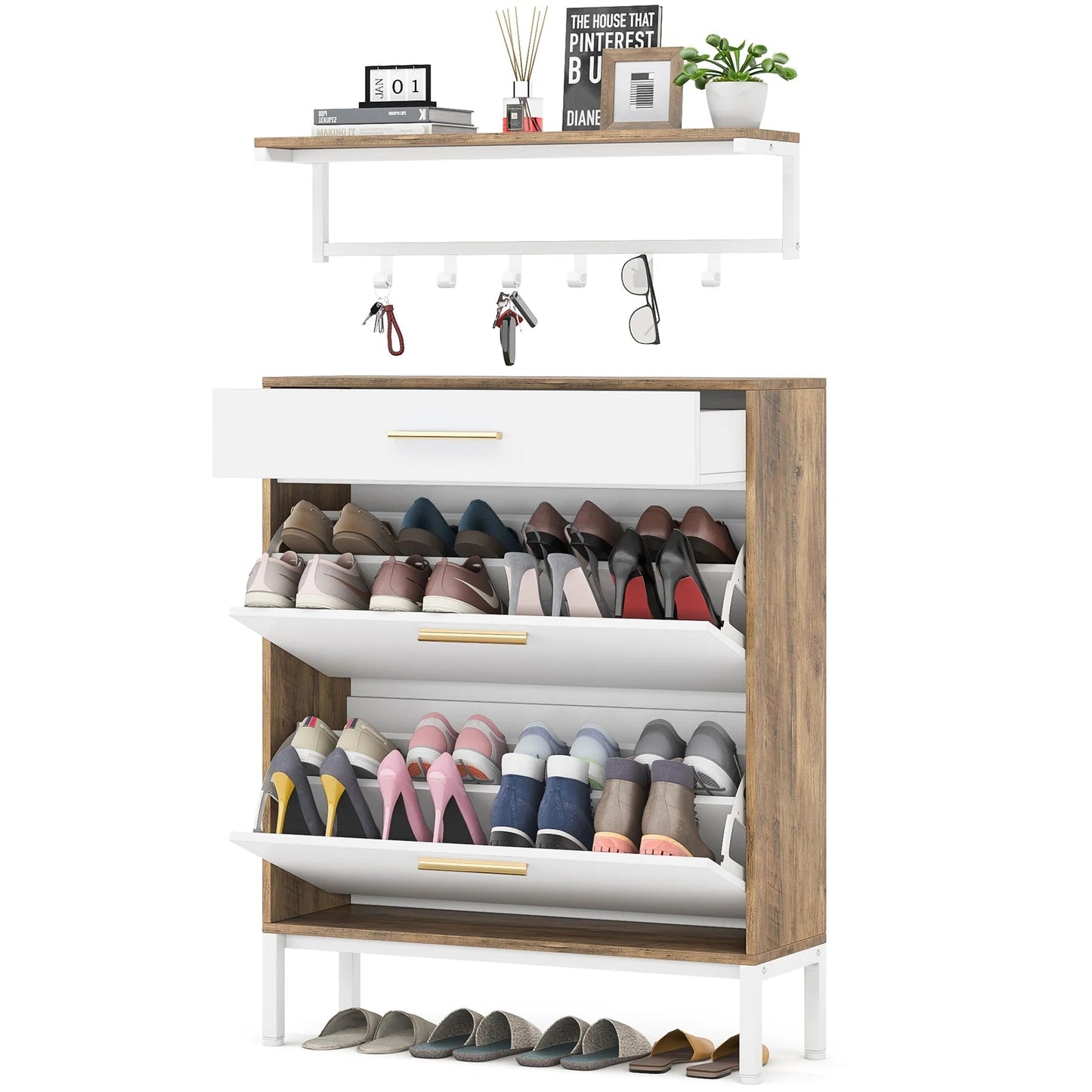 Tribesigns Shoe Cabinet with Floating Shelf, Modern 3 Drawers Shoe Organizer