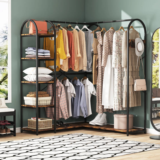 Tribesigns L Shape Clothes Rack, Corner Garment Rack with Storage Shelves