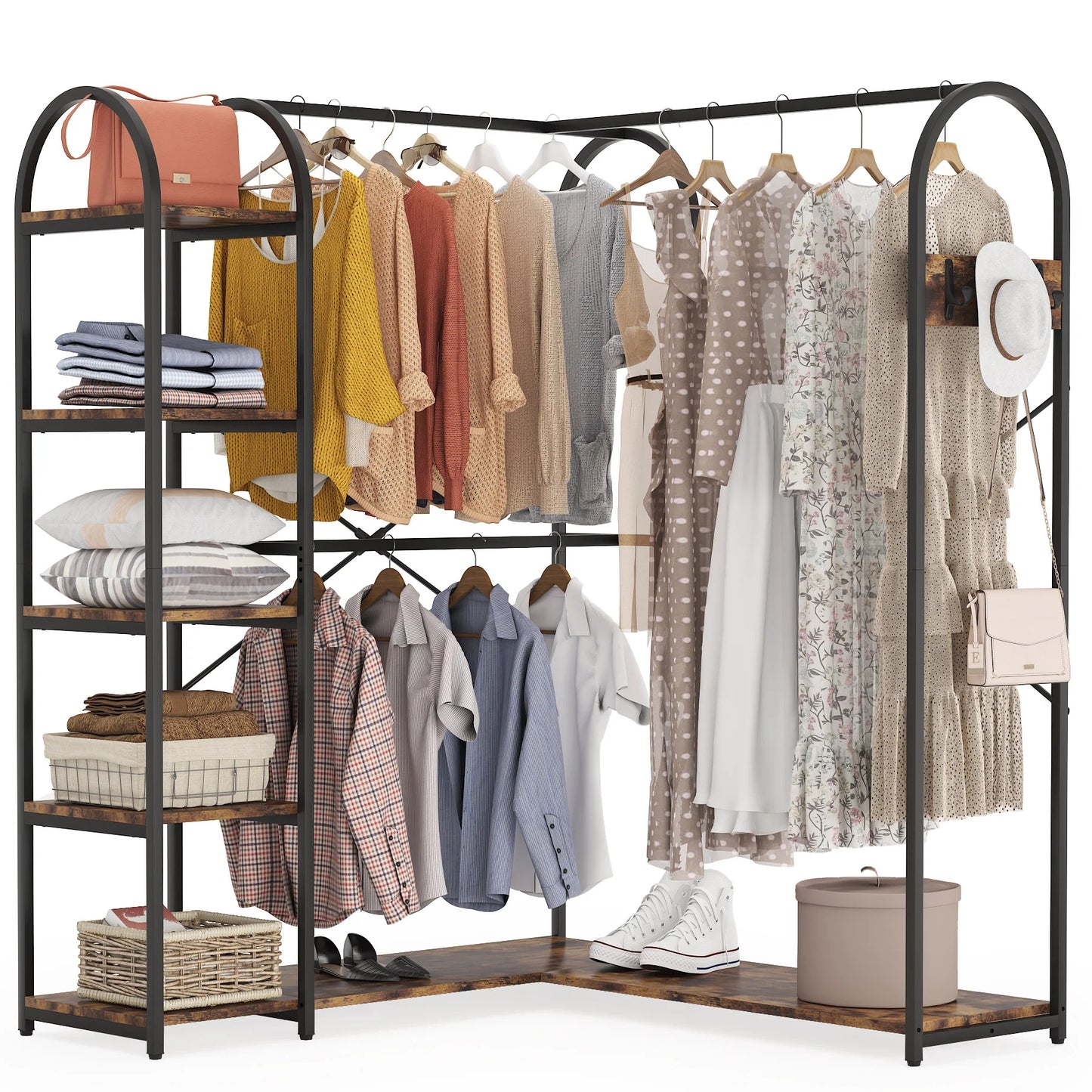 Tribesigns L Shape Clothes Rack, Corner Garment Rack with Storage Shelves