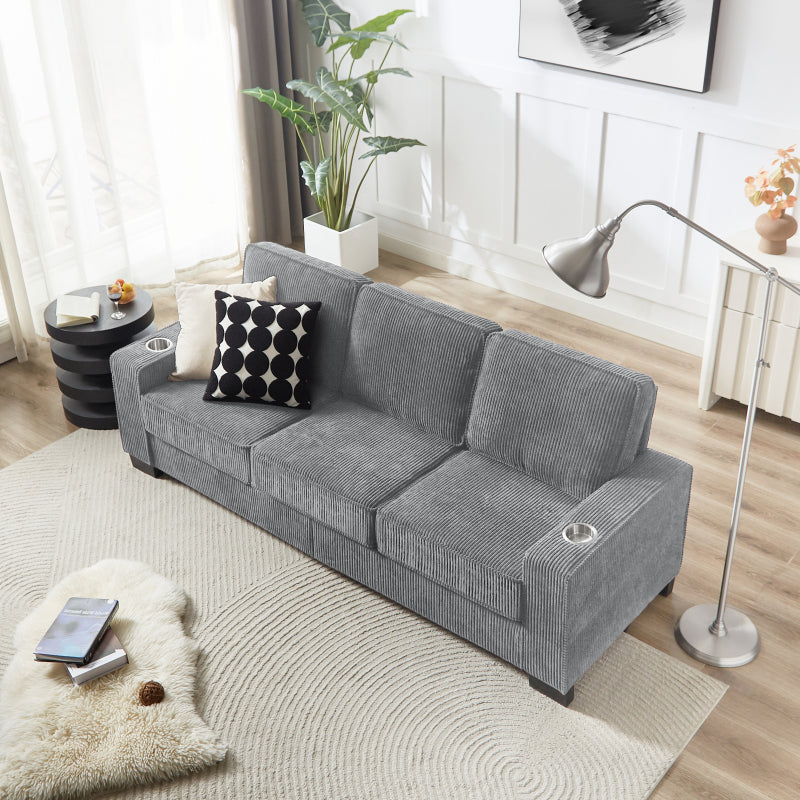 83.86"Corduroy Fabric sofa,Modern Compressed Couch,3-Seater Sofa, Furniture for Living Room,Bedroom,office ,Gray
