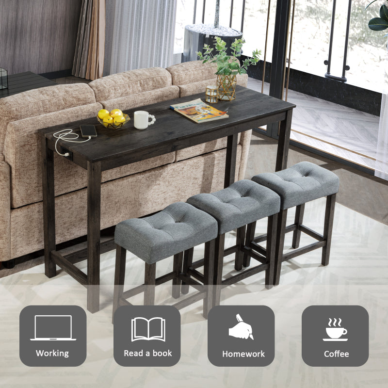 4 Piece Bar Table Set with Power Outlet,Bar Table Set with Chairs,Sofa Bar Table with Stools,Behind Couch Table with 3 Padded Stools,for Living Room,Dining room, Dark Gray