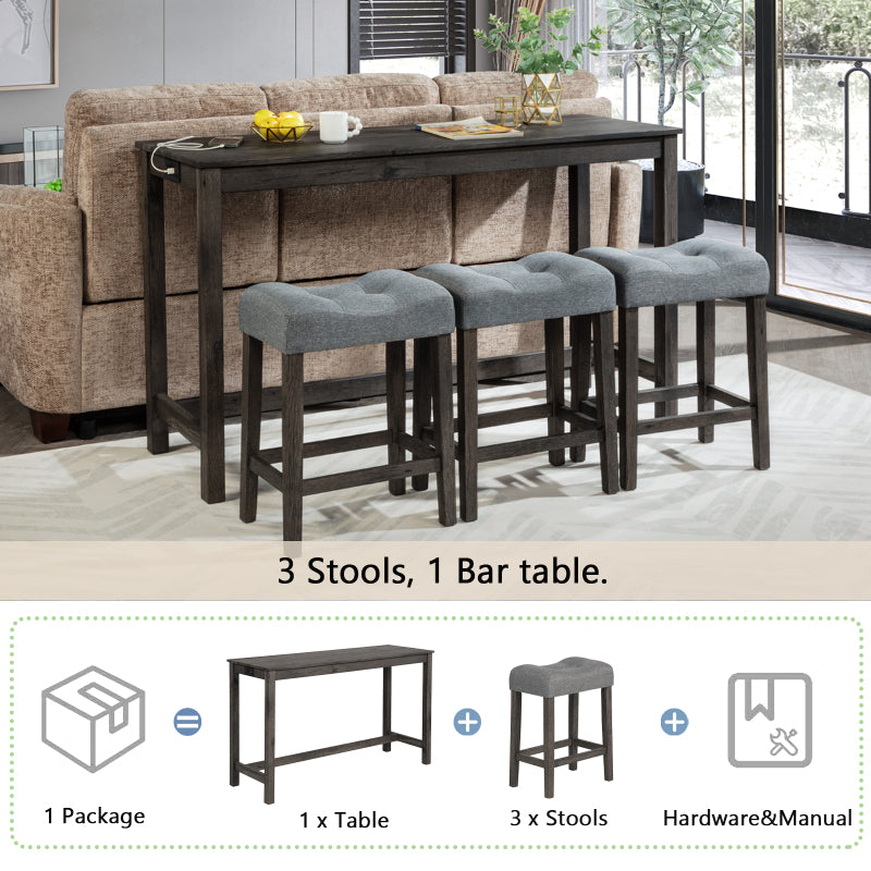 4 Piece Bar Table Set with Power Outlet,Bar Table Set with Chairs,Sofa Bar Table with Stools,Behind Couch Table with 3 Padded Stools,for Living Room,Dining room, Dark Gray