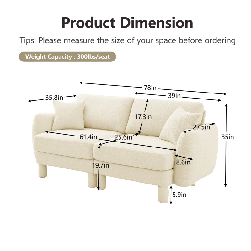 Boucle Fabric 2-seater Loveseat Sofa Couch With Distinctive Shell-shaped Armrests,Cylindrical Legs Wrapped with Self-fabric,Beige Color