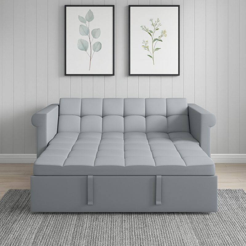 2-SEATER CONVERTIBLE VELVET LOVESEAT SOFA BED – GRAY PULL-OUT SLEEPER COUCH WITH SIDE POCKET, COMPACT DESIGN FOR SMALL SPACES, APARTMENT, GUEST ROOM
