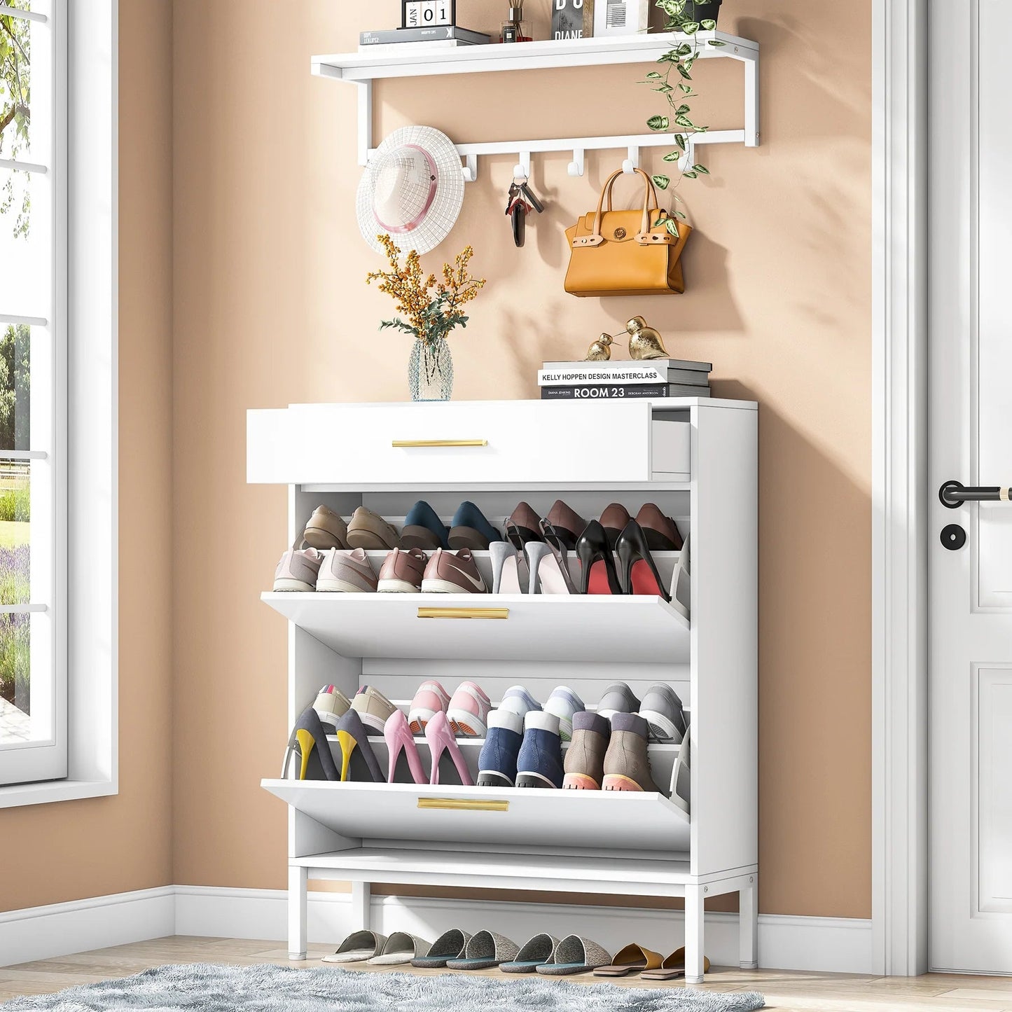 Tribesigns Shoe Cabinet with Floating Shelf, Modern 3 Drawers Shoe Organizer