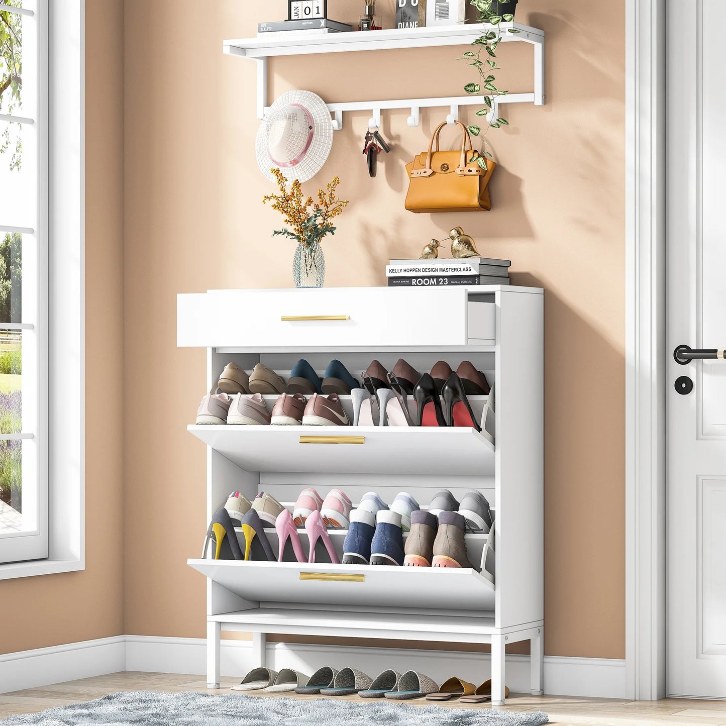 Tribesigns Shoe Cabinet with Floating Shelf, Modern 3 Drawers Shoe Organizer