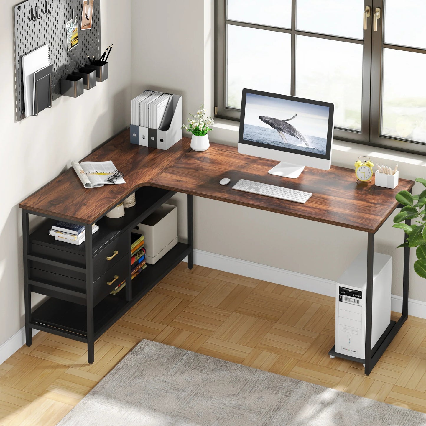 Tribesigns L-Shaped Desk, 59" Computer Desk with 2 Drawers & Storage Shelves