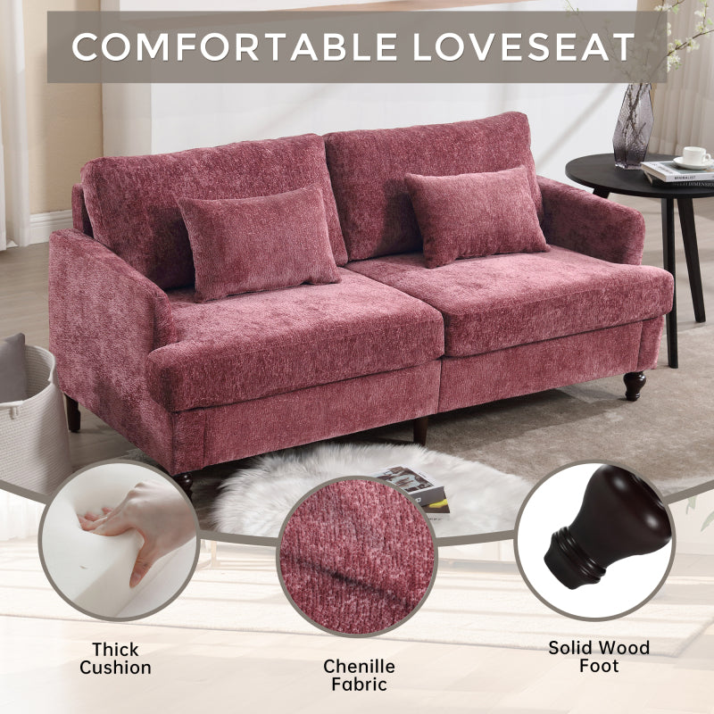 Mid Century Modern chenille Fabric Loveseat sofa, 2-Seat Upholstered Loveseat Sofa Modern Couch for Living Room,Brown wood feet sofa for Bedroom, Reading (Wine red Chenille)