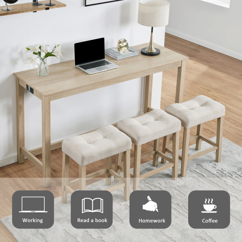 4 Piece Bar Table Set with Power Outlet,Bar Table Set with Chairs,Sofa Bar Table with Stools,Behind Couch Table with 3 Padded Stools for Living Room,Dining room, Light Oak