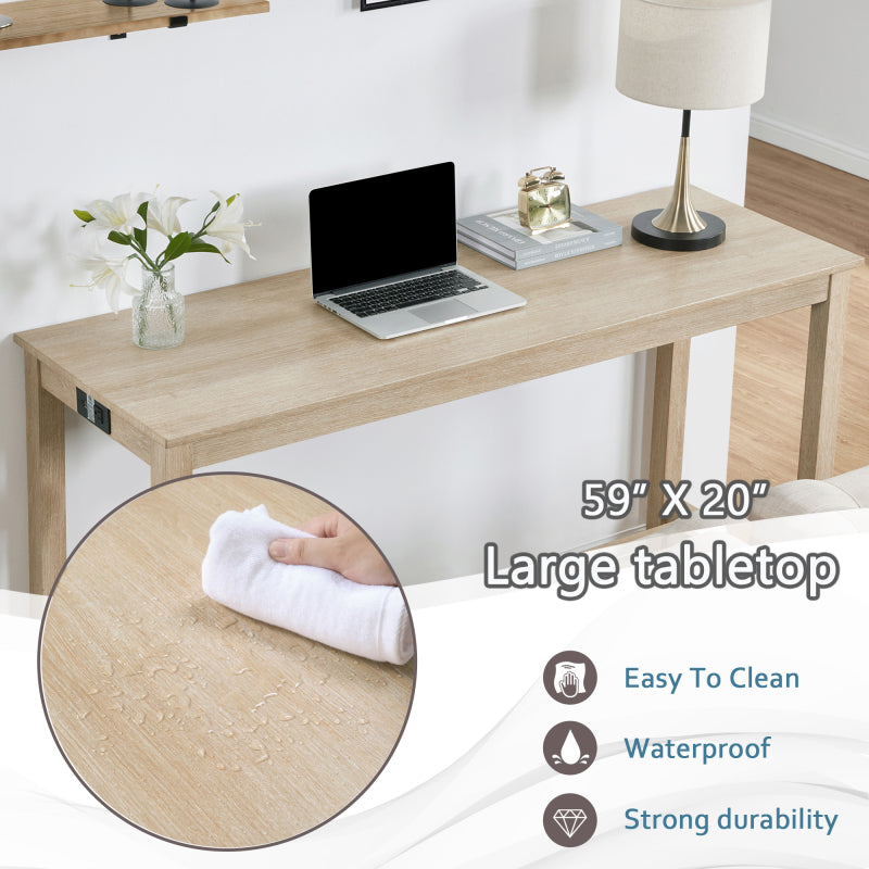 4 Piece Bar Table Set with Power Outlet,Bar Table Set with Chairs,Sofa Bar Table with Stools,Behind Couch Table with 3 Padded Stools for Living Room,Dining room, Light Oak