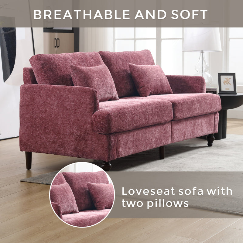 Mid Century Modern chenille Fabric Loveseat sofa, 2-Seat Upholstered Loveseat Sofa Modern Couch for Living Room,Brown wood feet sofa for Bedroom, Reading (Wine red Chenille)