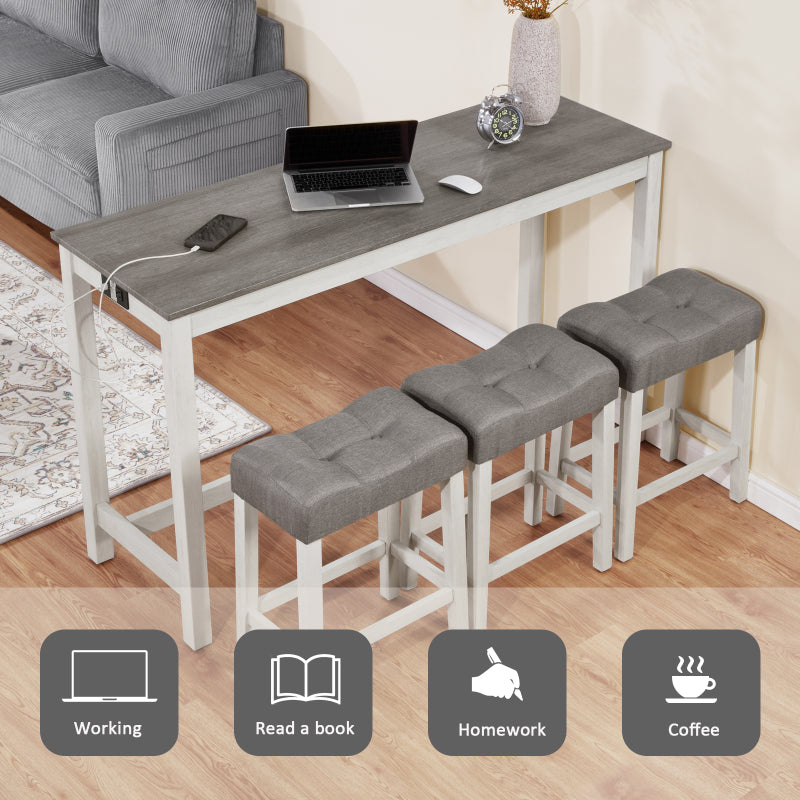 4 Piece Bar Table Set with Power Outlet,Bar Table Set with Chairs,Sofa Bar Table with Stools,Behind Couch Table with 3 Padded Stools,for Living Room,Dining room, White & Grey