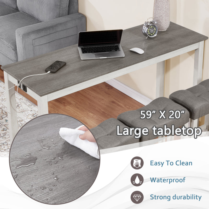 4 Piece Bar Table Set with Power Outlet,Bar Table Set with Chairs,Sofa Bar Table with Stools,Behind Couch Table with 3 Padded Stools,for Living Room,Dining room, White & Grey