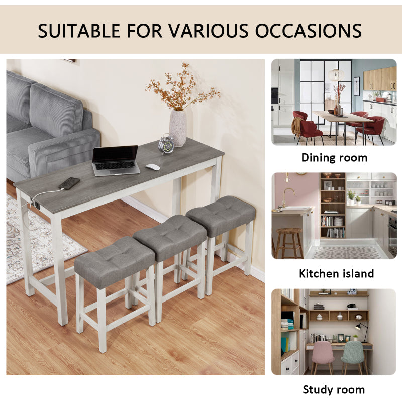 4 Piece Bar Table Set with Power Outlet,Bar Table Set with Chairs,Sofa Bar Table with Stools,Behind Couch Table with 3 Padded Stools,for Living Room,Dining room, White & Grey