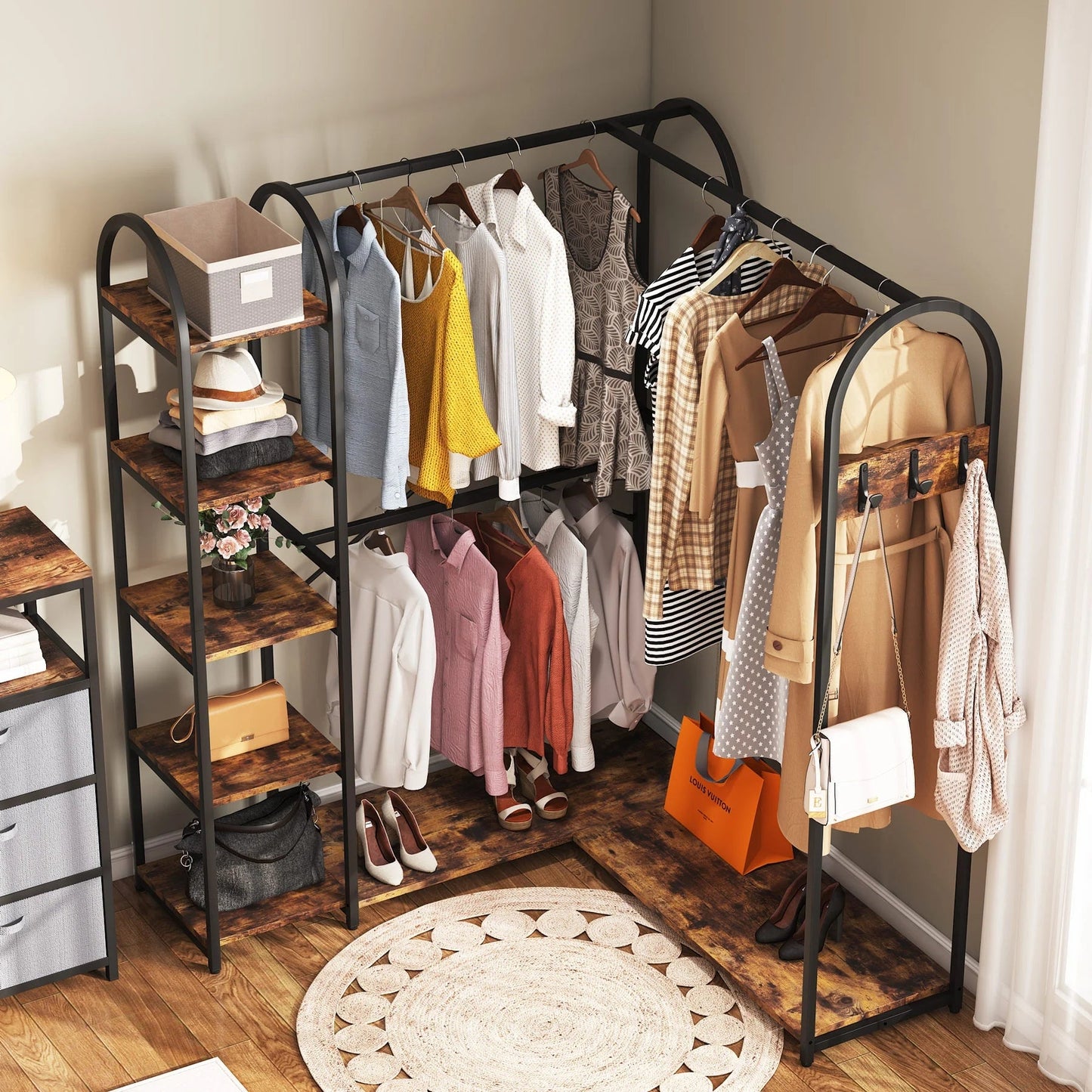 Tribesigns L Shape Clothes Rack, Corner Garment Rack with Storage Shelves