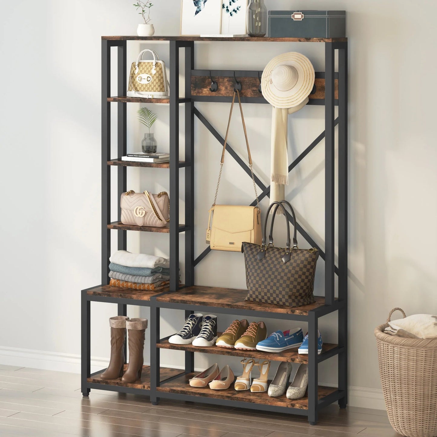 Tribesigns Coat Rack Shoe Bench, 4-in-1 Entryway Hall Tree with Shelves