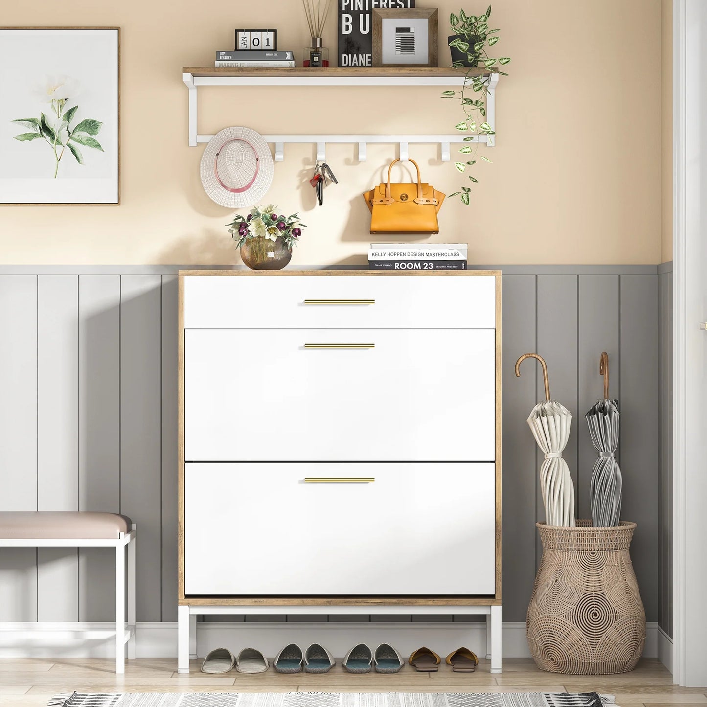 Tribesigns Shoe Cabinet with Floating Shelf, Modern 3 Drawers Shoe Organizer