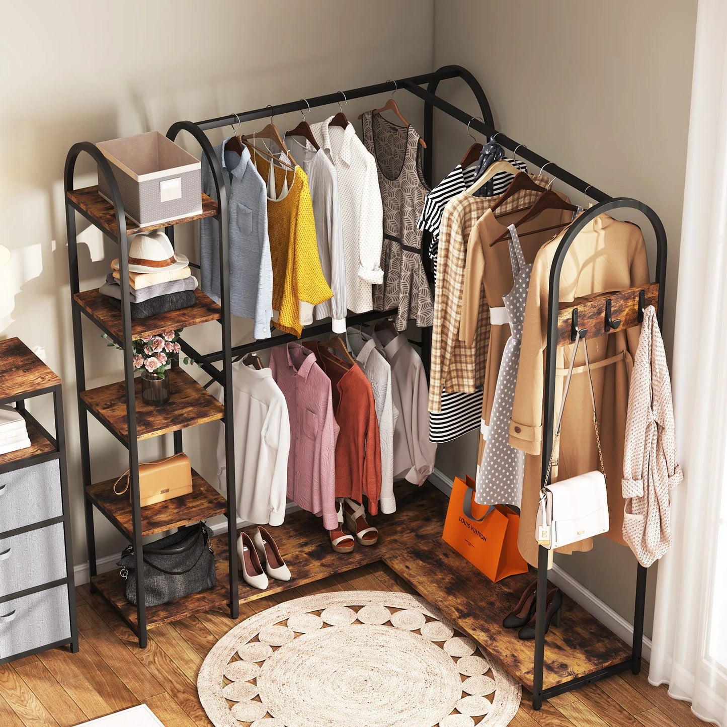 Tribesigns L Shape Clothes Rack, Corner Garment Rack with Storage Shelves