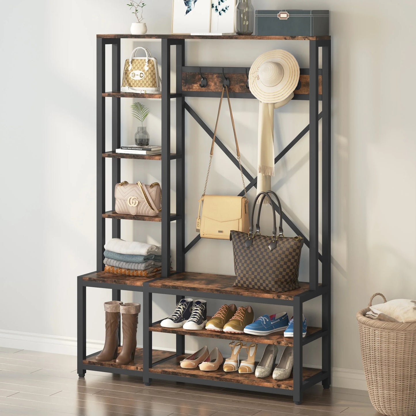 Tribesigns Coat Rack Shoe Bench, 4-in-1 Entryway Hall Tree with Shelves