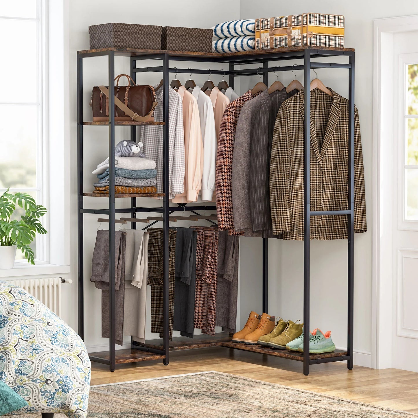 Tribesigns Freestanding Closet Organizer, L Shaped Garment Clothing Rack