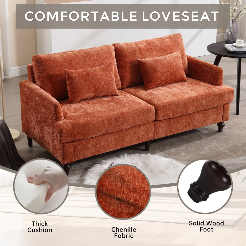Mid Century Modern chenille Fabric Loveseat sofa, 2-Seat Upholstered Loveseat Sofa Modern Couch for Living Room,Brown wood feet sofa for Bedroom, Reading (Orange Chenille)