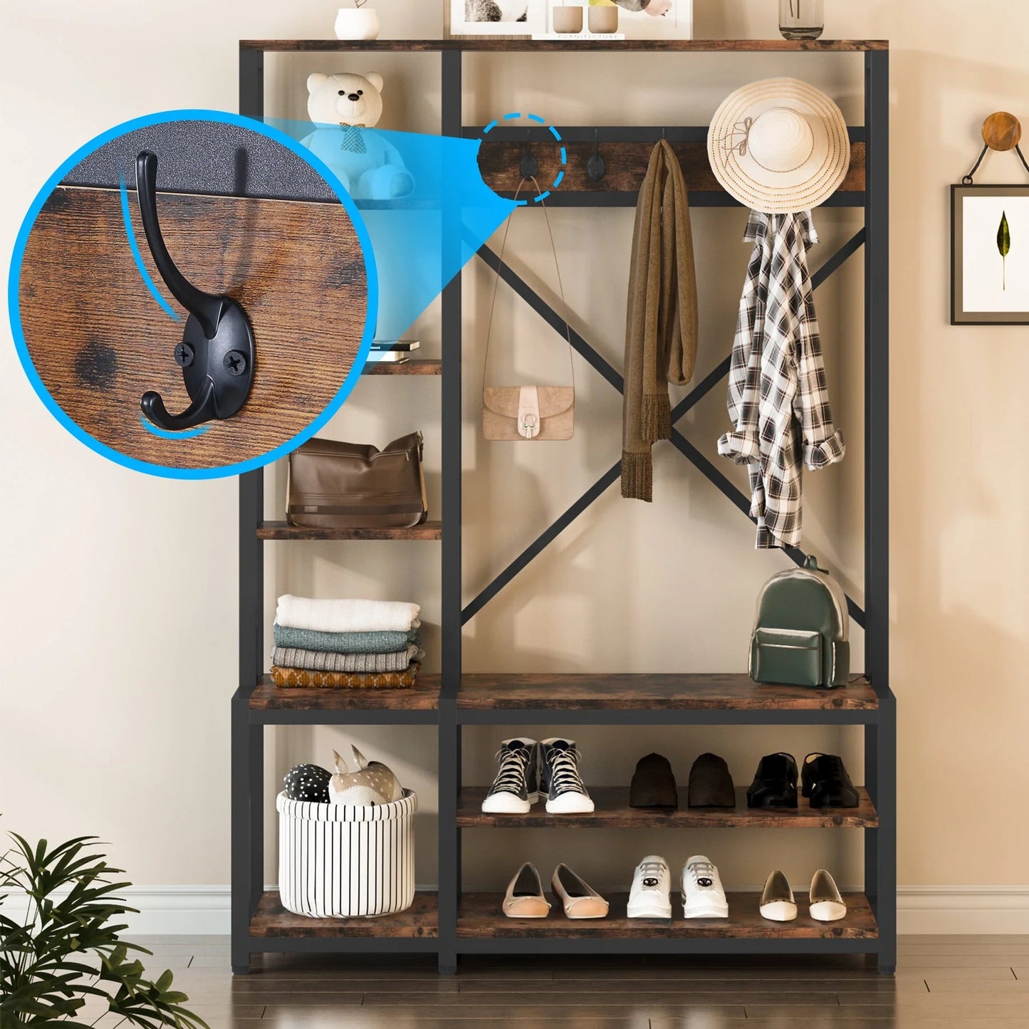 Tribesigns Coat Rack Shoe Bench, 4-in-1 Entryway Hall Tree with Shelves