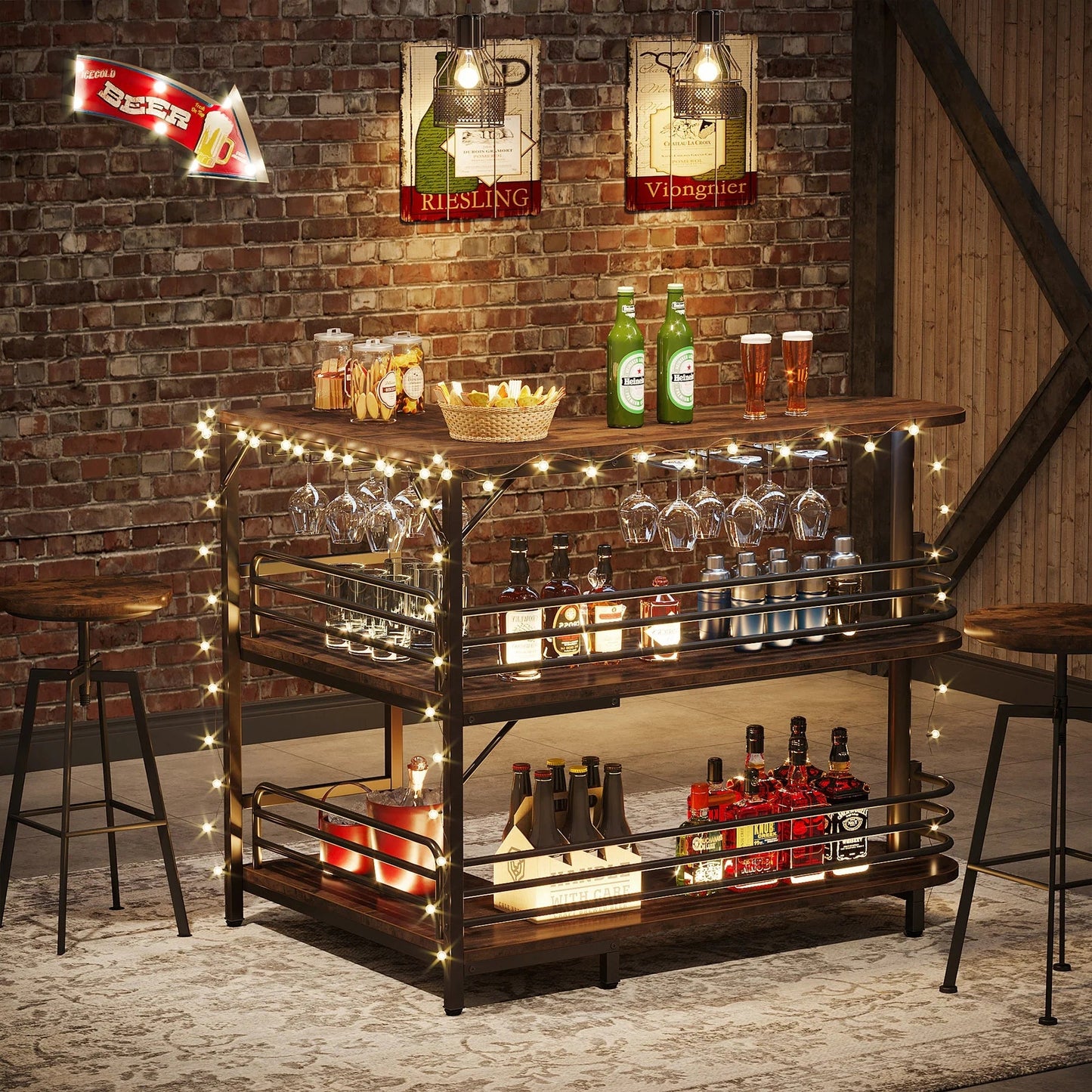Tribesigns Bar Unit, 3 Tier L-Shaped Liquor Bar Table with Wine Glasses Holder