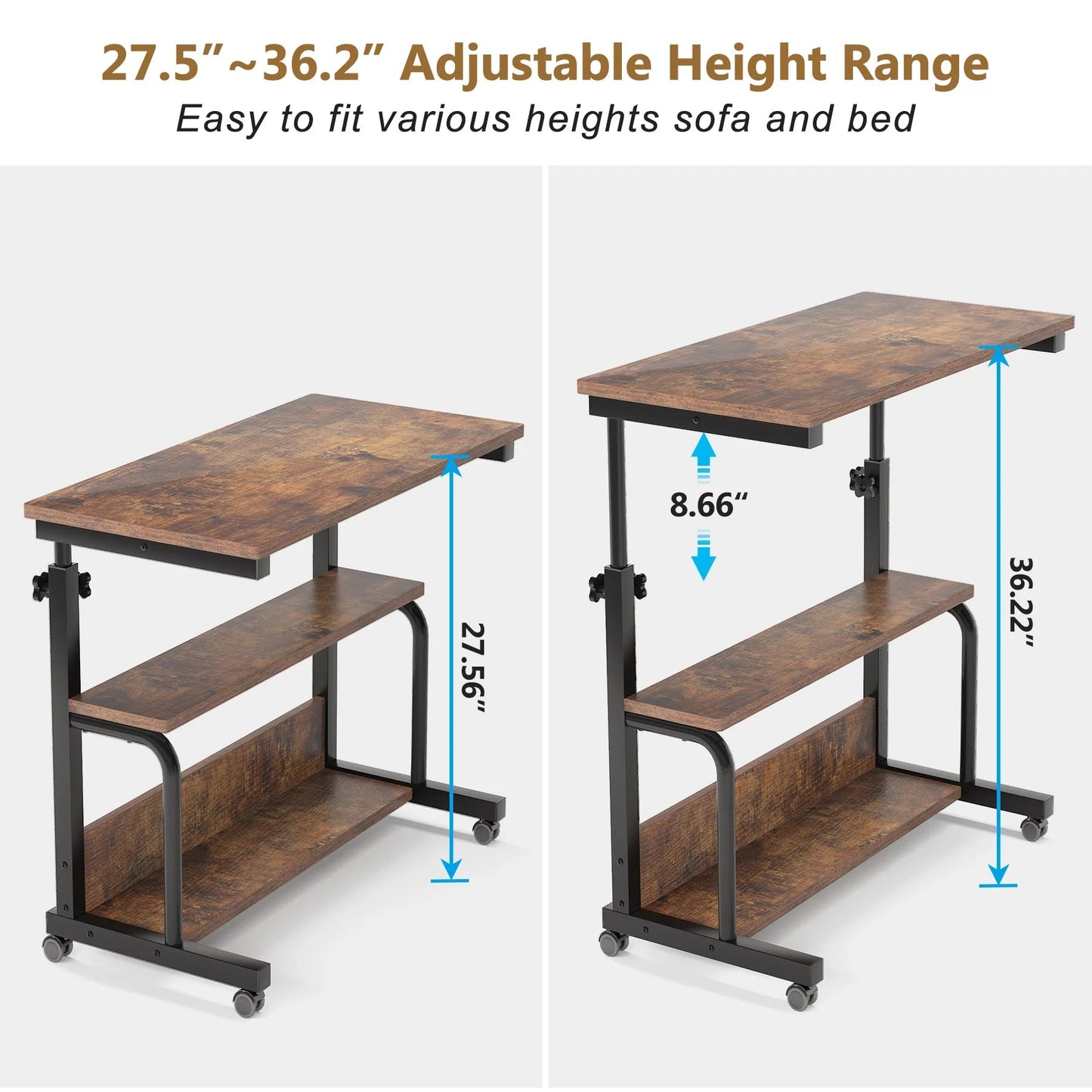 Tribesigns C Table, Height Adjustable Bedside Sofa Table with Wheels