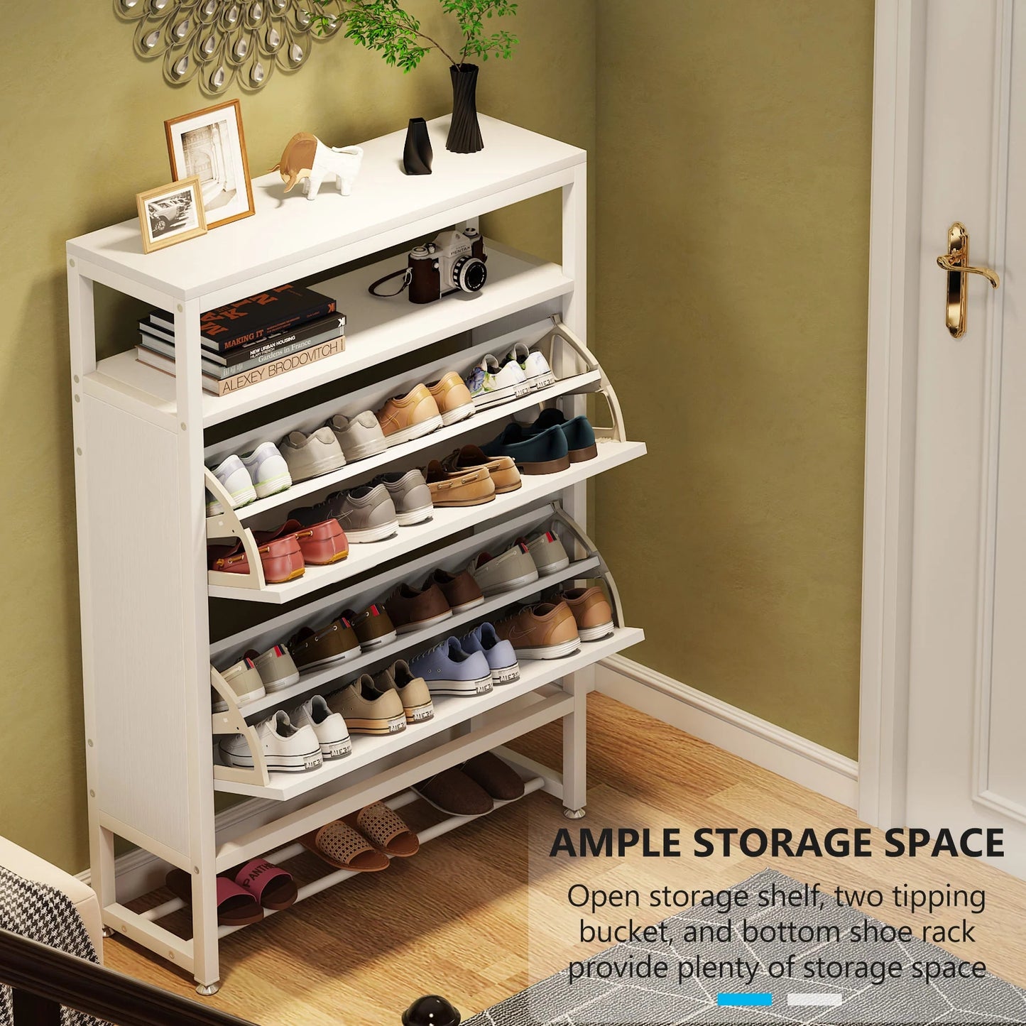 Tribesigns Shoe Cabinet, Tipping Bucket Shoe Storage Rack with Open Shelves