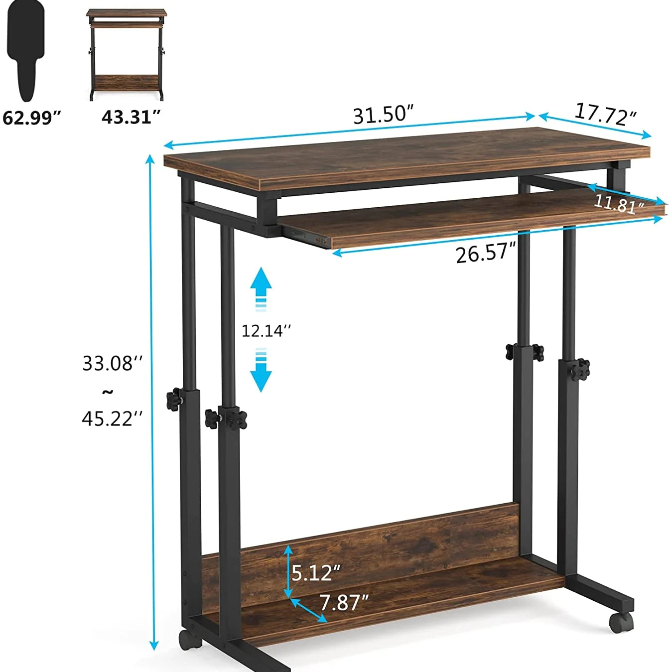 Tribesigns Height Adjustable Desk, Rolling Standing Desk Portable Desk